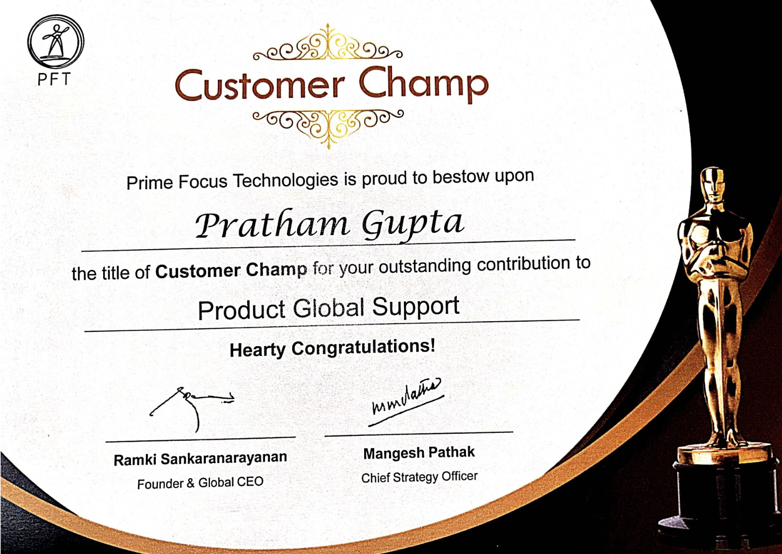 Customer Champ Award certificate