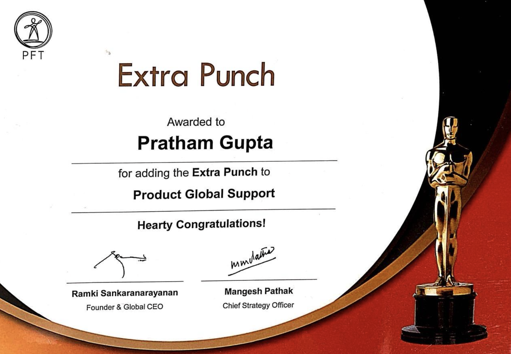 Extra Punch Award certificate